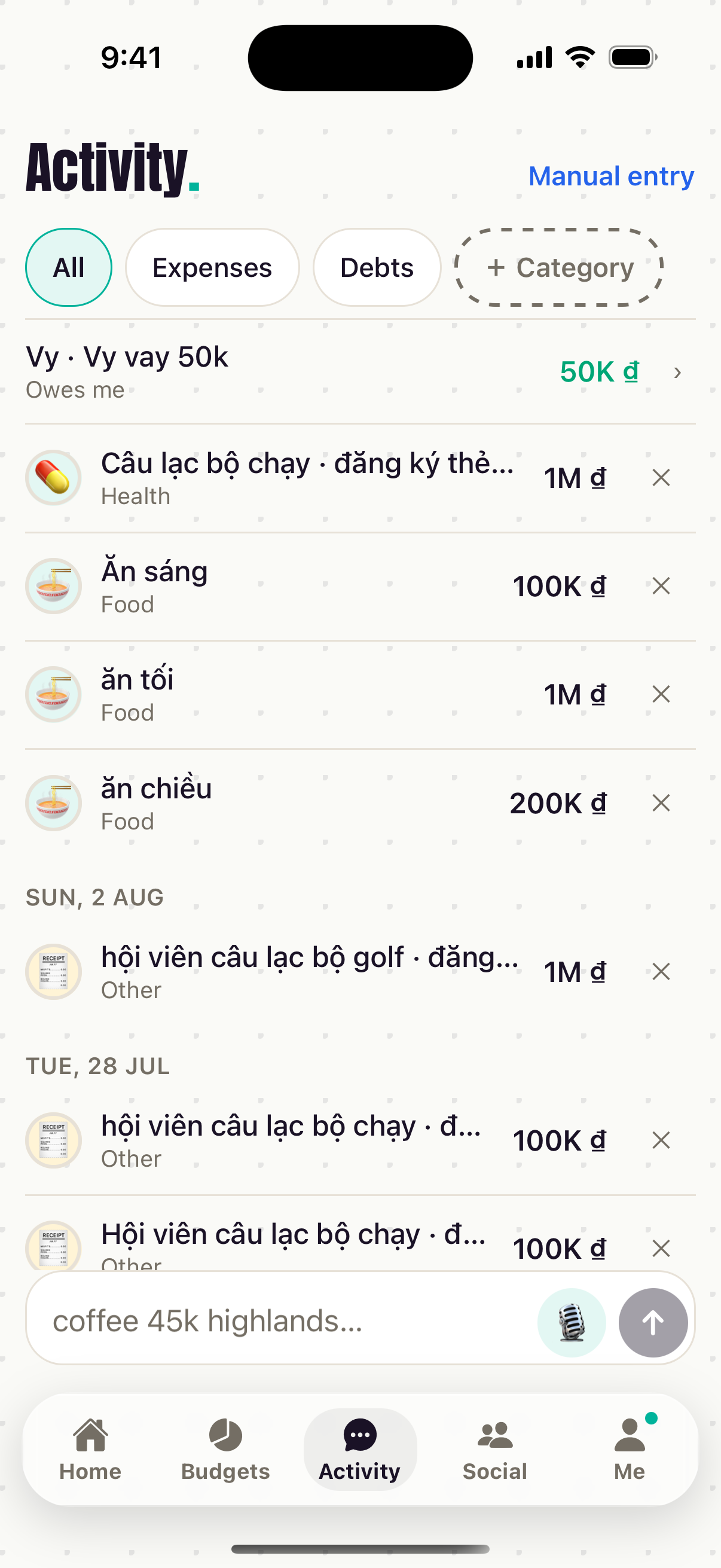 Gestilo Activity screen: a messy sentence parsed into separate categorized expenses