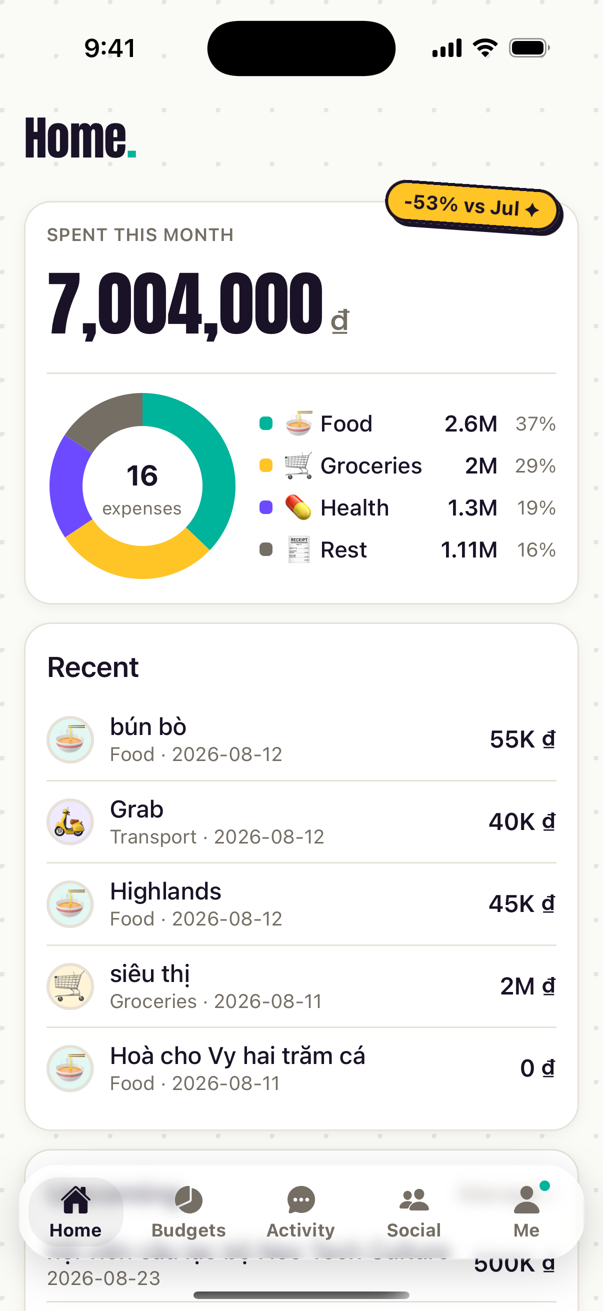 Gestilo Home screen: total spent this month, category donut chart, and recent expenses
